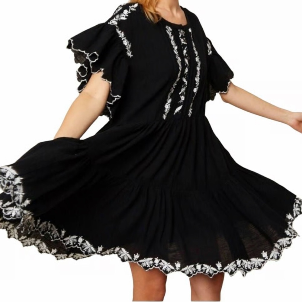 Free People Santiago Embroidered Mini Dress black cotton gauze white floral S